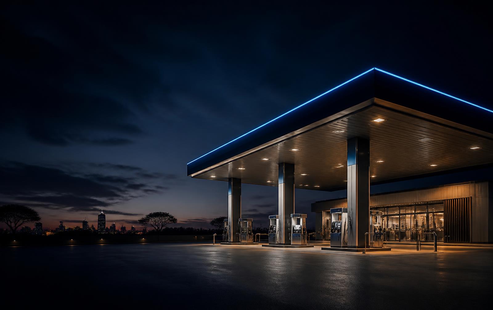 Modern petrol station illuminated at night